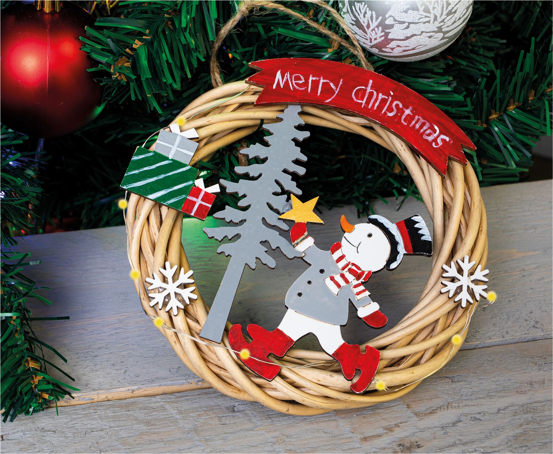 Festive Wicker Christmas Wreath with Snowman Design and LED String Light Battery Powered