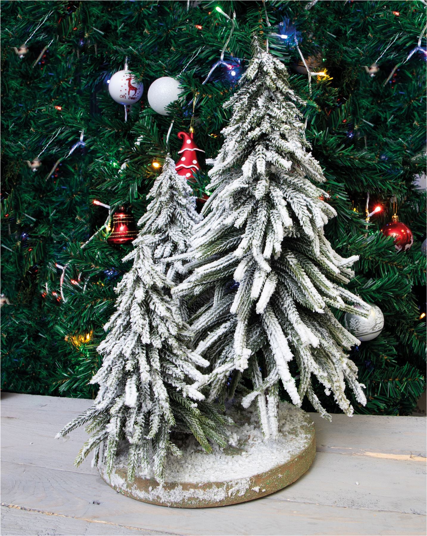 Snow Topped Mini Christmas Tree Display on Wooden Stand Decoration