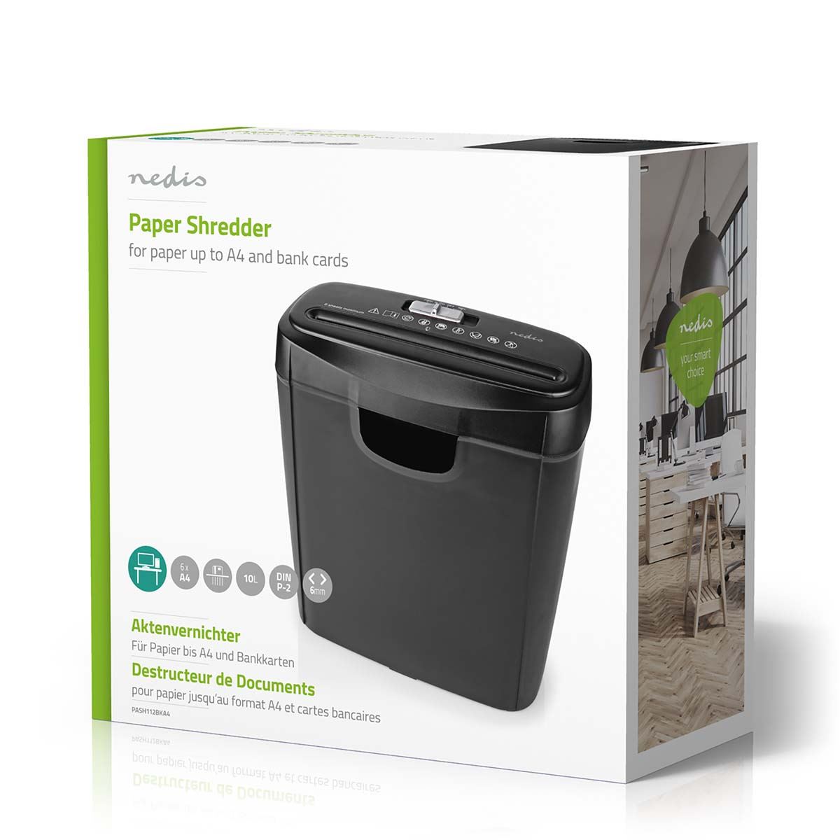 Nedis 6 Sheet Strip Cut Paper Shredder, DIN P-2 Security, Compact Shredder for Home & Small Office Use, Shreds Credit Cards, 10L Bin - Black