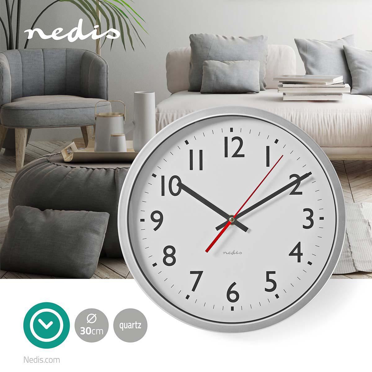 Nedis 30cm Wall Clock with Easy Read Numbers, Silent Movement, Battery Powered - Silver / White