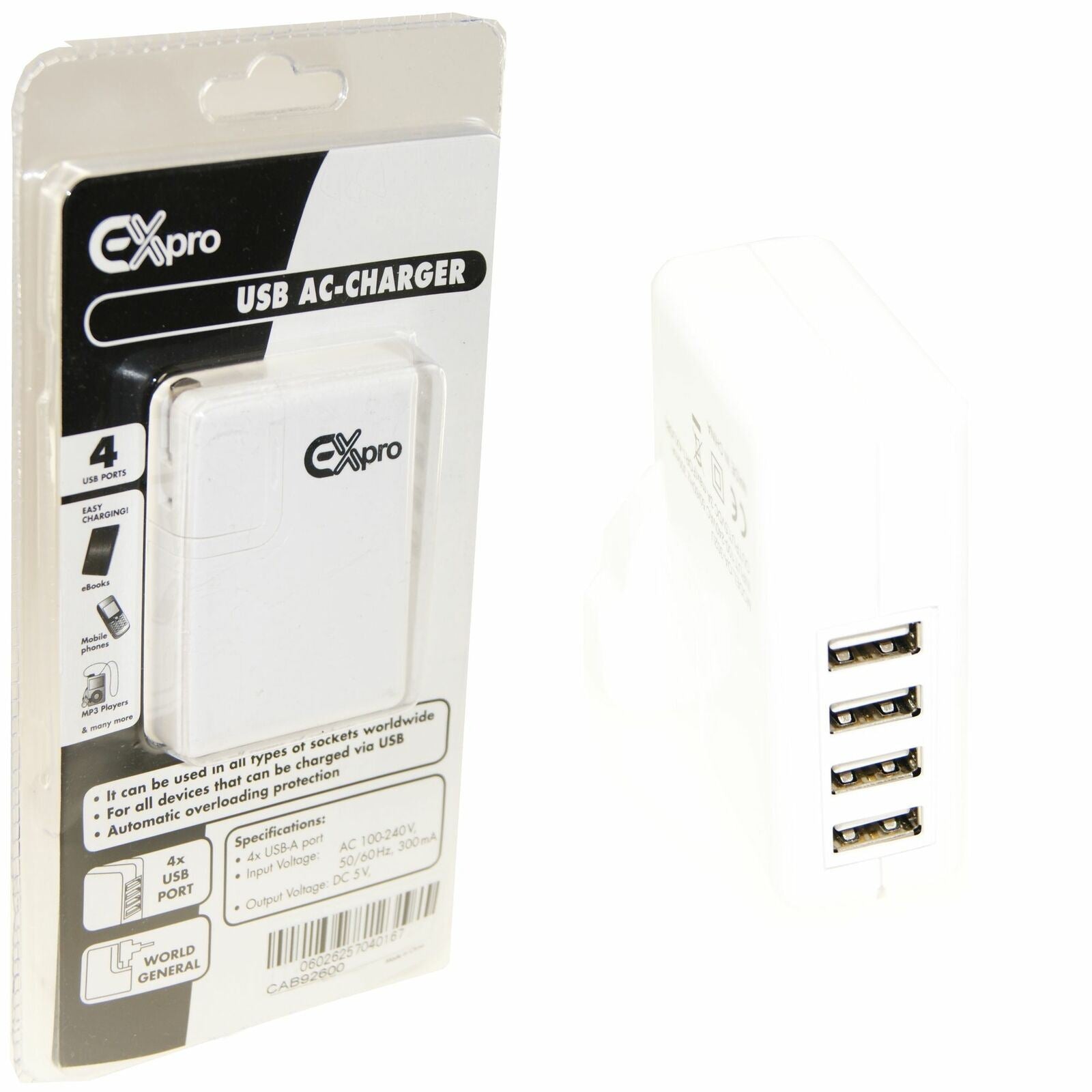 Ex-Pro 4 Port USB Mains Charger Kit with UK/USA/EU Mains Pluge 15W (5V 3A) - White