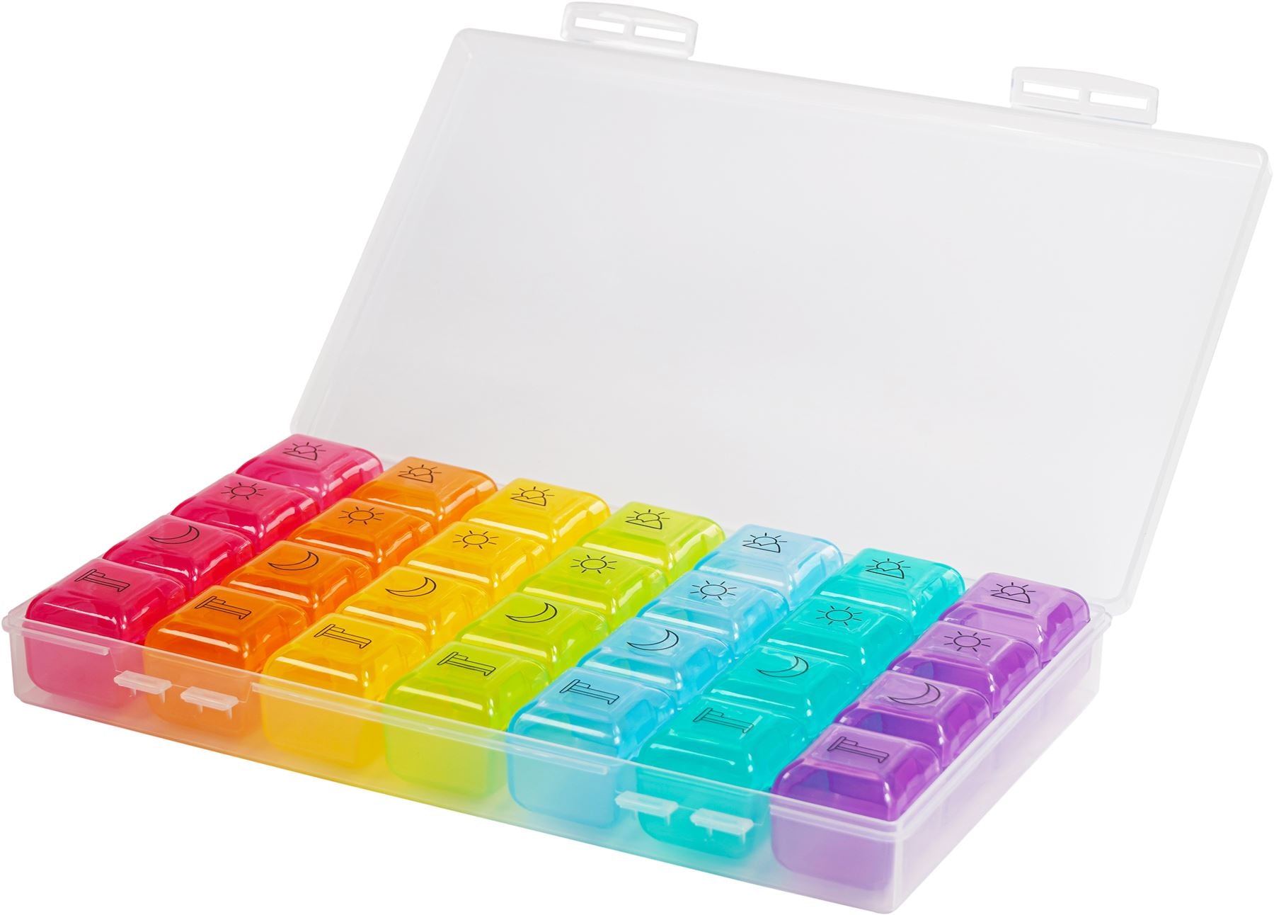 7 Day Weekly Pill Box with 4 Compartments per Day.Supplied in a Clear Clip Shut Case,