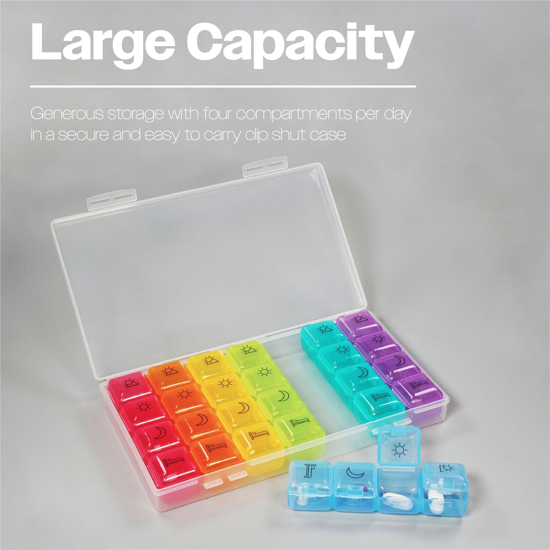 7 Day Weekly Pill Box with 4 Compartments per Day.Supplied in a Clear Clip Shut Case,