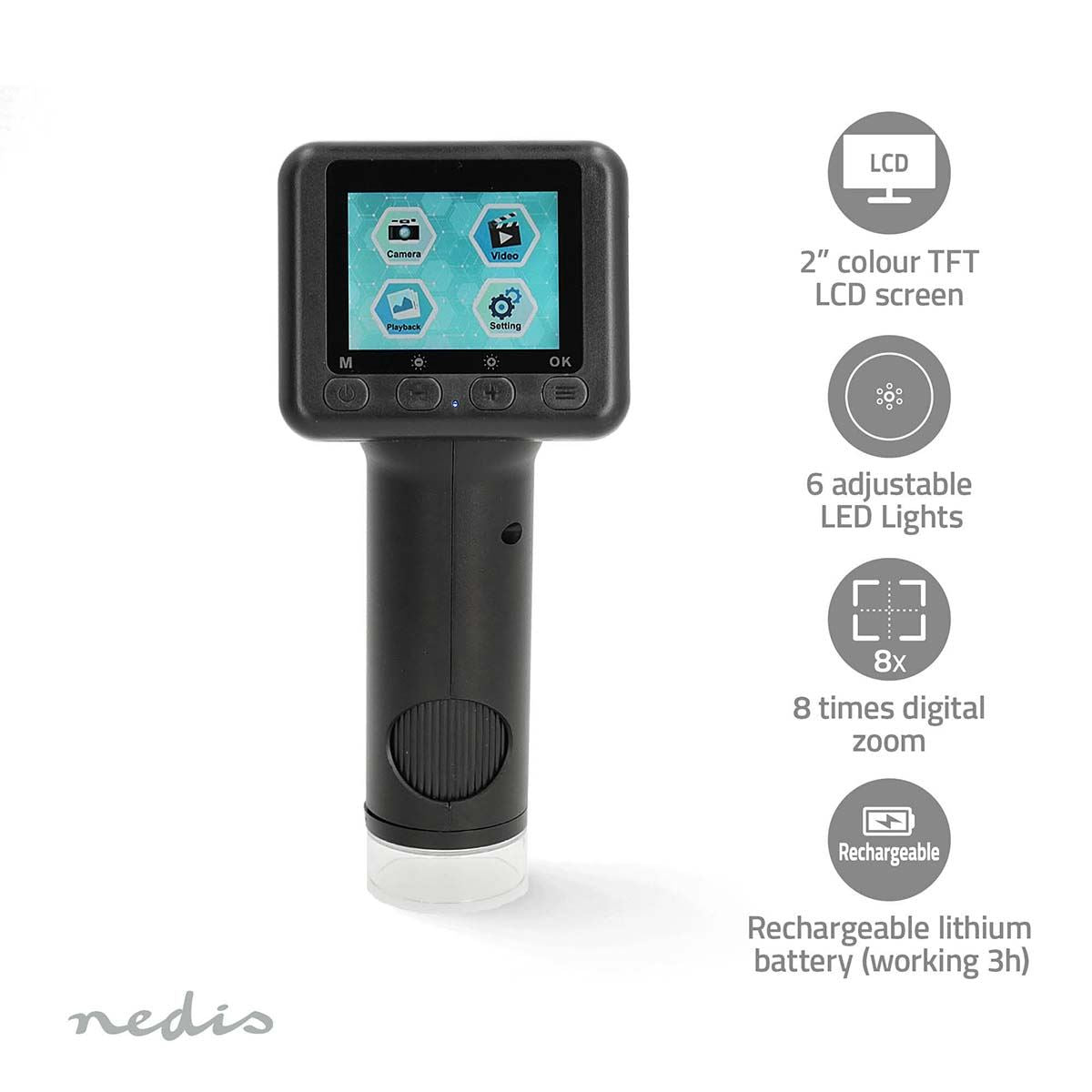 Nedis Handheld Digital Microscope Camera, 2" Tilt LCD Screen, 100x 500x Zoom, 8x Digital Zoom, 6 LED Lights, USB-C, Photo/Video Capture, Battery Powered