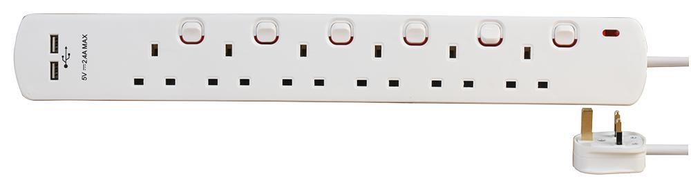 6 Gang 2m Mains Extension Lead Socket Individually Switched 13A with USB Ports - White