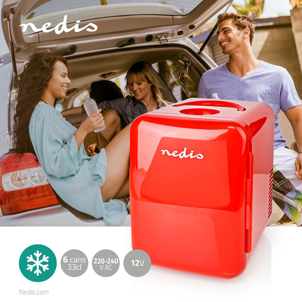 Nedis 4L Portable Mini Fridge Electric Small Cooler Ice Bedroom Office Mains/Car Red