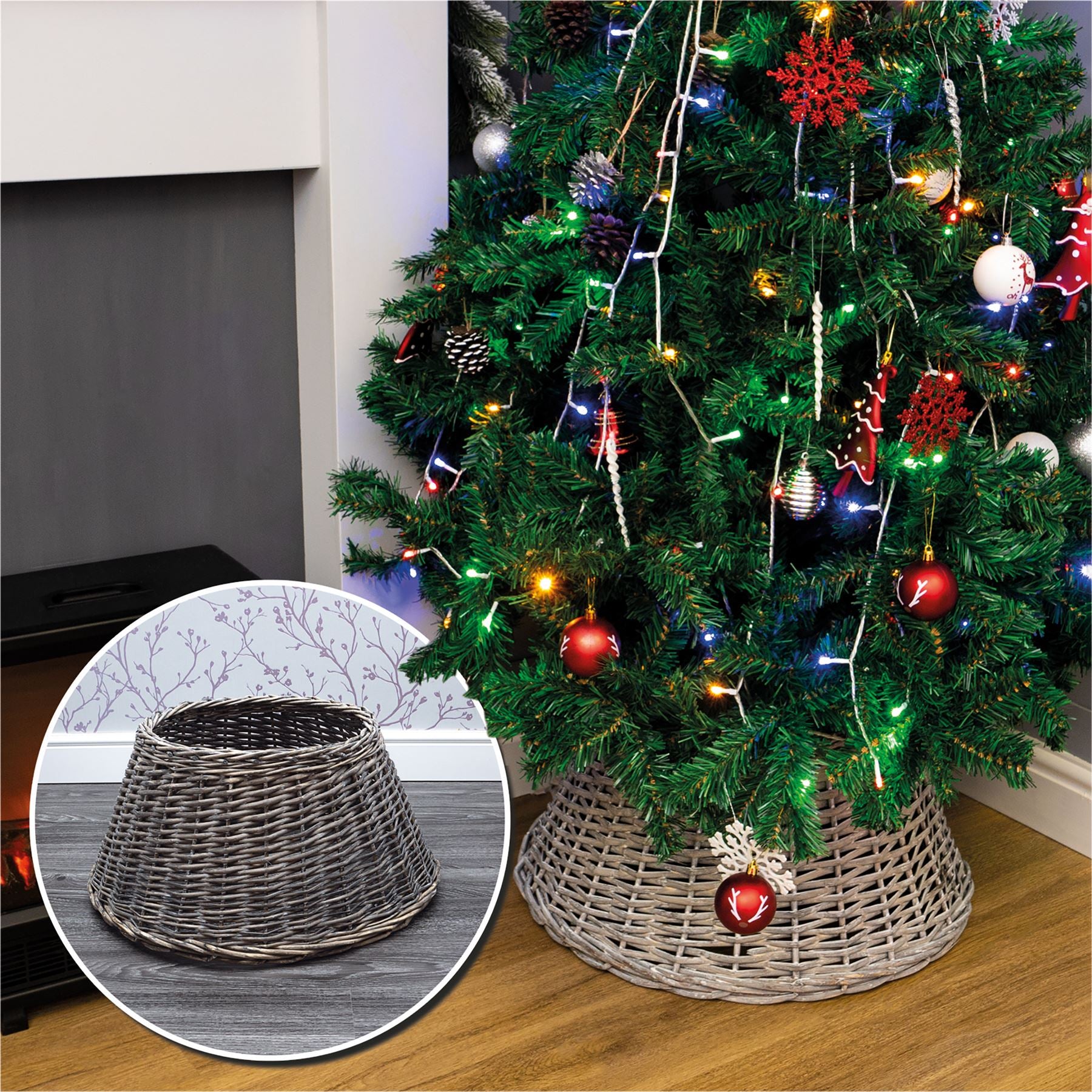 Rattan Woven Wicker Christmas Tree Skirt Stand Cover Base Decoration 57cm For Xmas Trees Up to 7ft