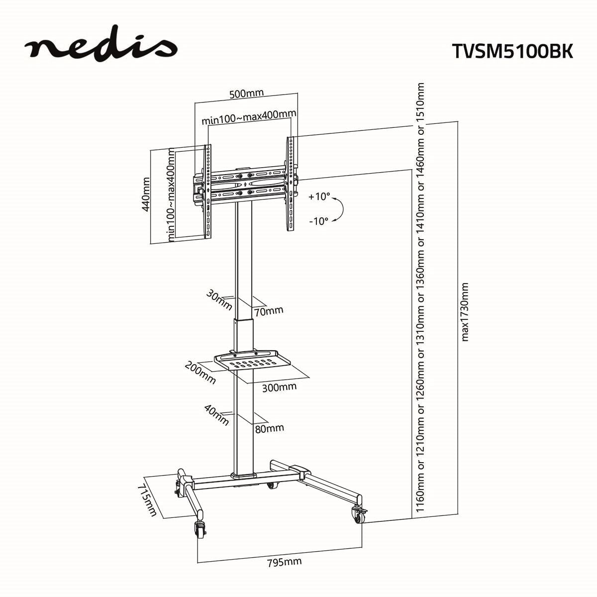 Nedis TV Floor Stand | 32 - 55 " | Maximum supported screen weight: 35 kg | Premium Column Design | Adjustable pre-fixed heights | Snap-lock | Steel | Black