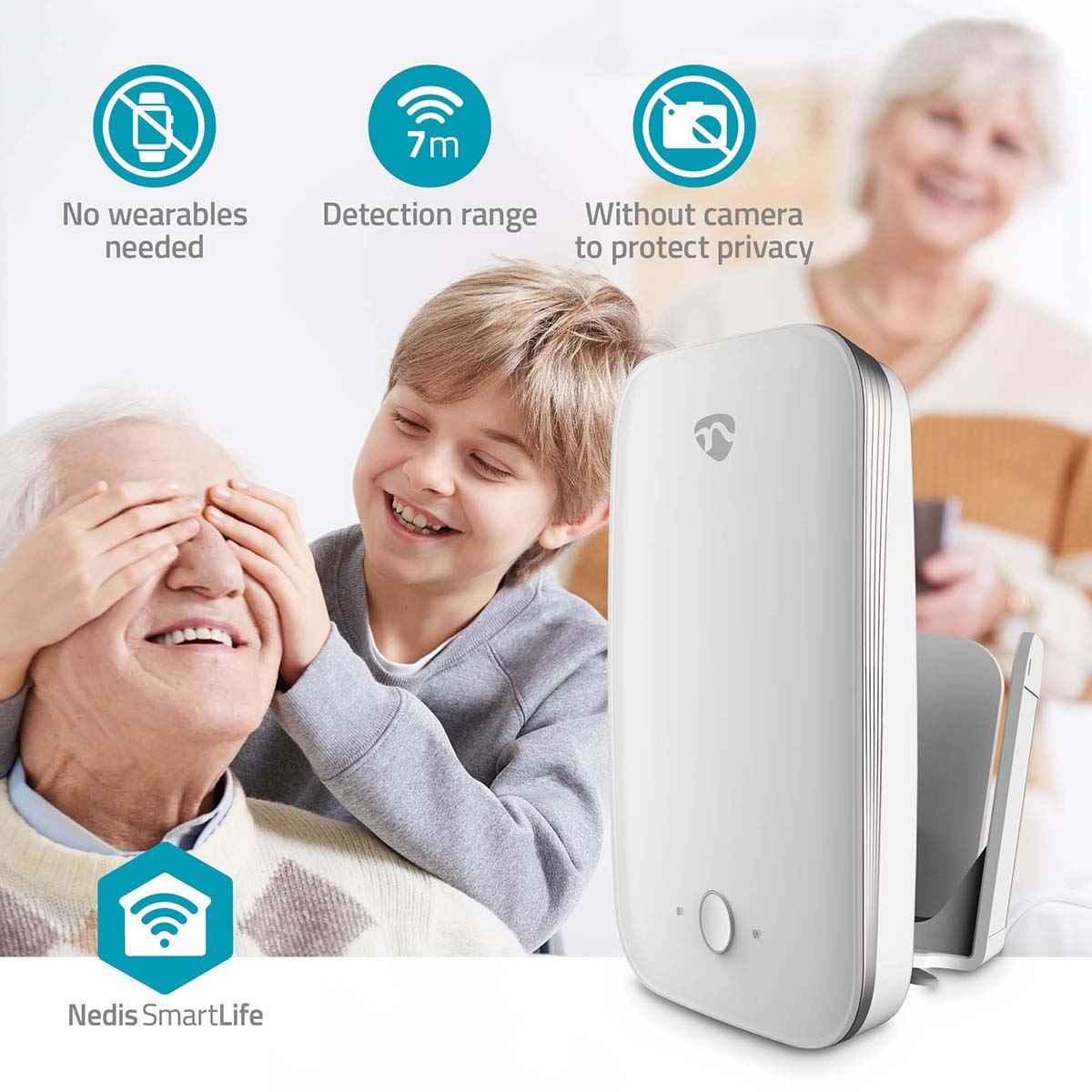 Nedis Smart Wi-Fi Fall Detector, Contactless Home Care Assistant for Senior Safety, Alerts for Falls, Wandering & Inactivity, Privacy Friendly, USB Powered, Compatible with Nedis Smartlife
