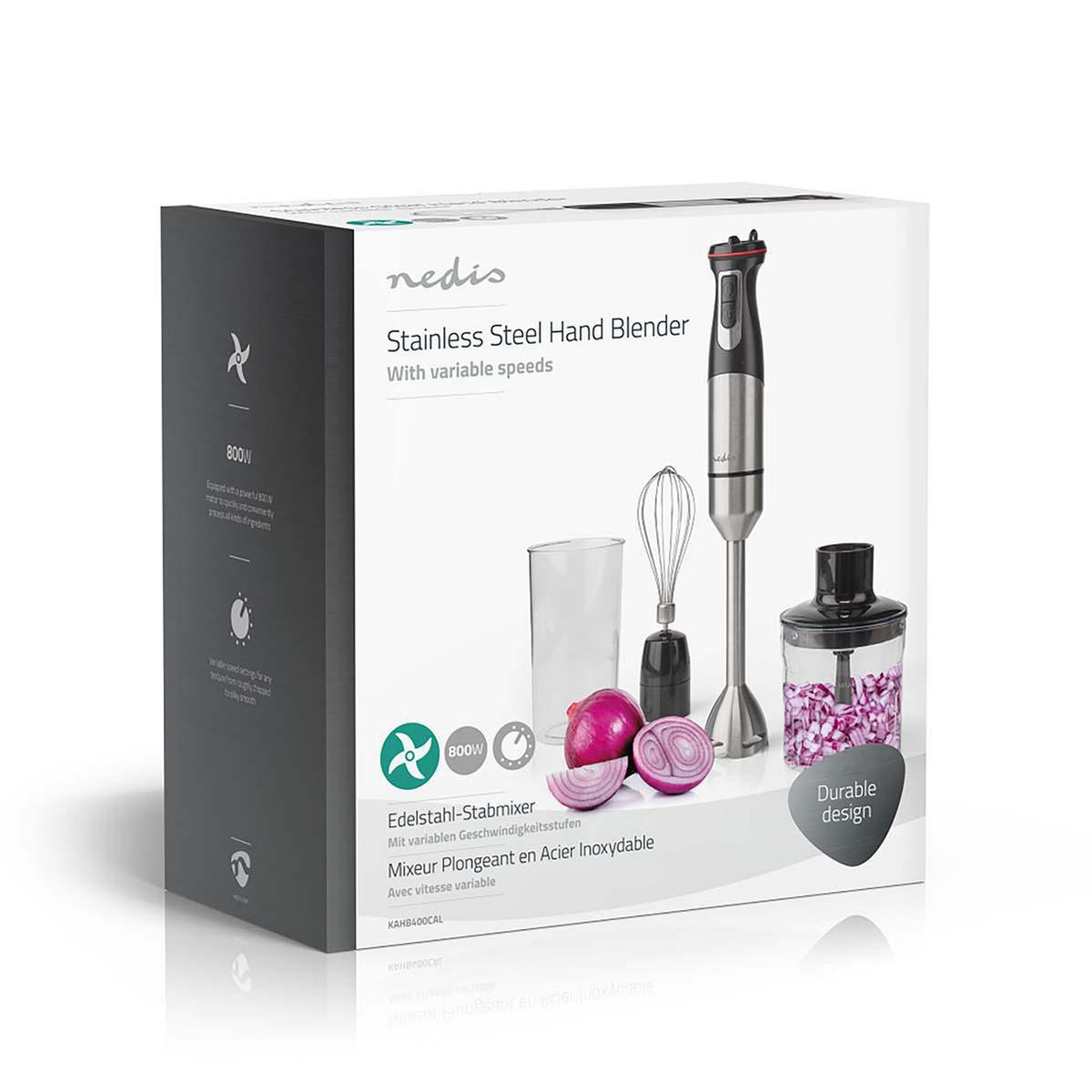 Nedis 3 in 1 Hand Blender, 800W Mini Chopper Food Processor, Immersion Blender and Electric Whisk, with 500ml Chopper Bowl and 900ml Beaker - Silver/Black