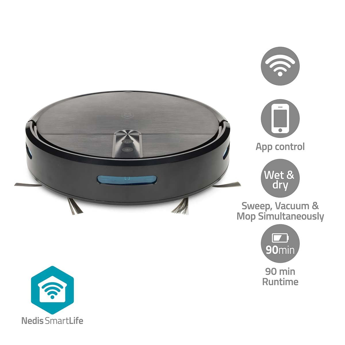 Nedis SmartLife Robot Vacuum Cleaner | Random | Wi-Fi | Capacity collection reservoir: 0.6 l | Automatic charging | Maximum operating time: 2 hrs | Black | Android™ / IOS