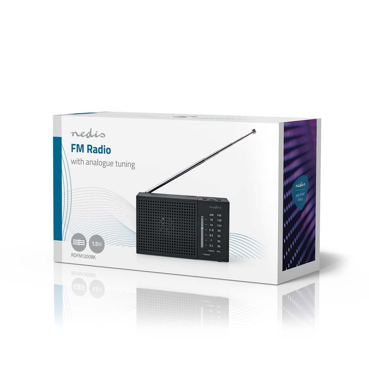 Nedis FM Radio | Portable Design | AM / FM | Battery Powered | Analogue | 1.5 W | Black White Screen | Headphone output | IP20 | Black