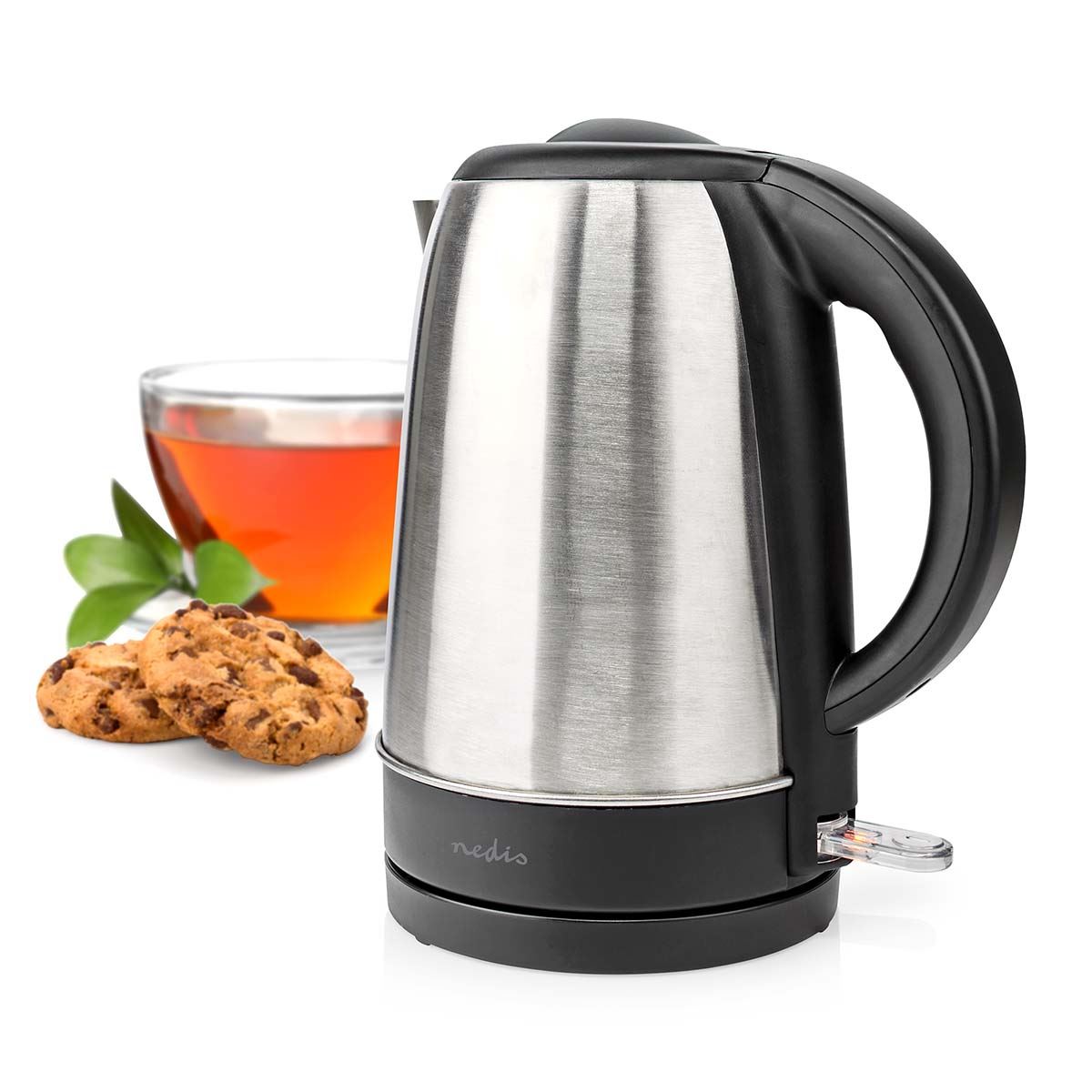 Nedis Electric Kettle, 1.7L, 2200W, Stainless Steel Jug with Quick Boil Time, Boil Dry Protection and Auto Shut Off, Cordless 360° Swivel Base, for Hot Water Tea or Coffee - Silver