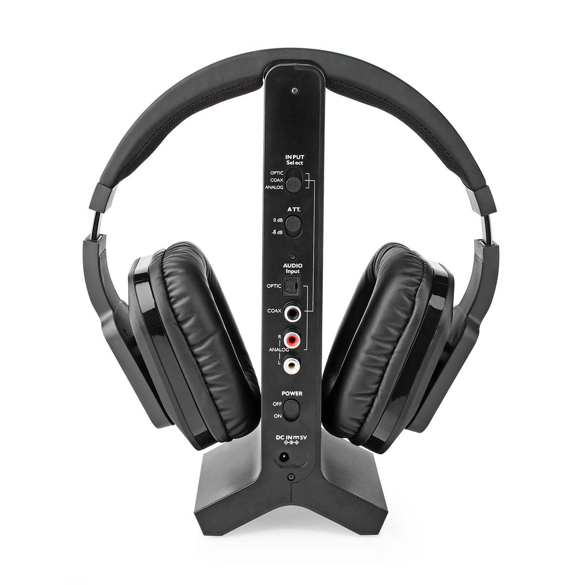 Nedis Wireless RF TV Over-Ear Headphones with Charging Base, 25m Range, Volume Control, Toslink/Coax/RCA/3.5mm Input