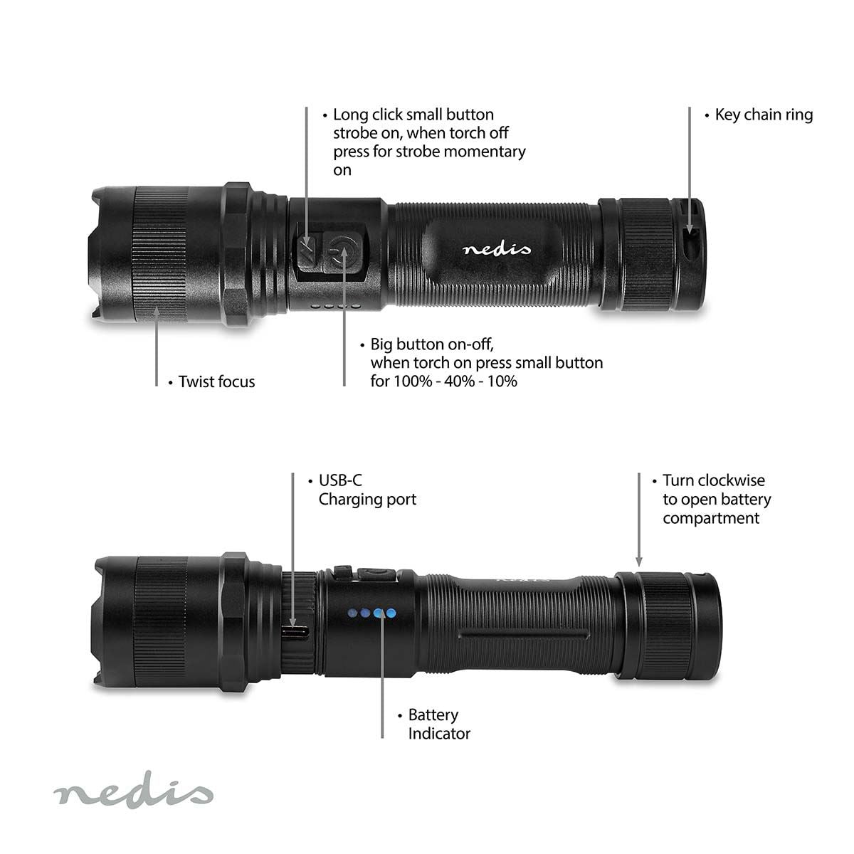 Nedis Rechargeable Led Torch with Adjustable Focus Beam, 1000 Lumens, USB-C Charging, Aluminium Alloy Housing, Power Indicator, IpX4 Splash Resistant, 110m Beam Distance