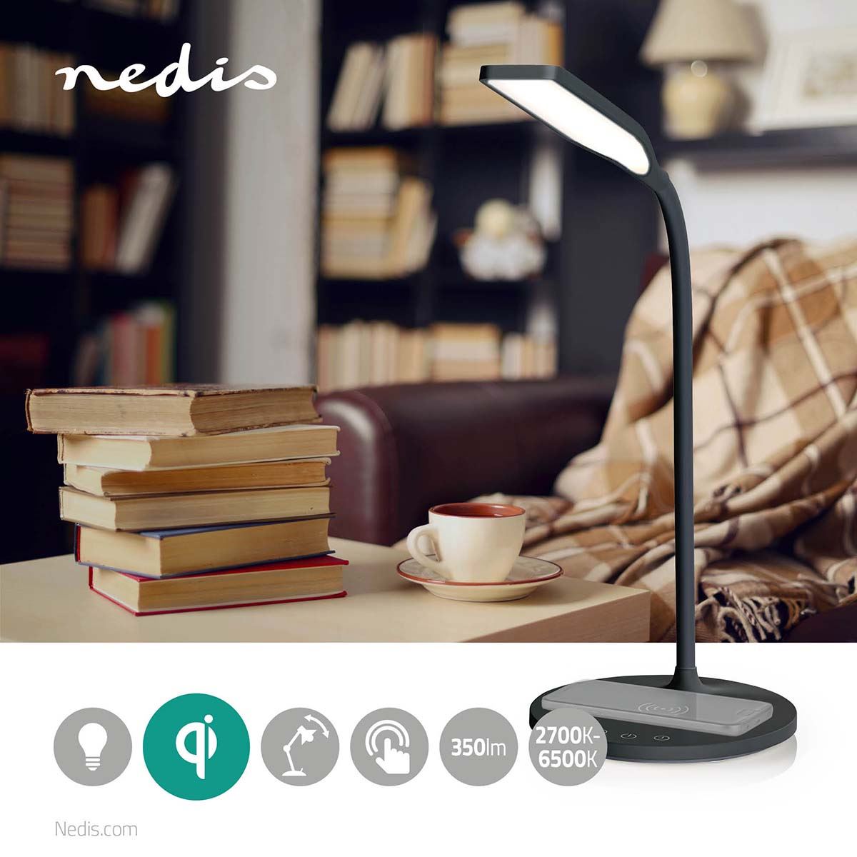 Nedis LED Desk Lamp with Fast Wireless Charger for Qi-Enabled Device, Table Lamp with 3 Colour Temperatures, Brightness Levels, Adjustable Gooseneck, 40 Minute Timer - Black