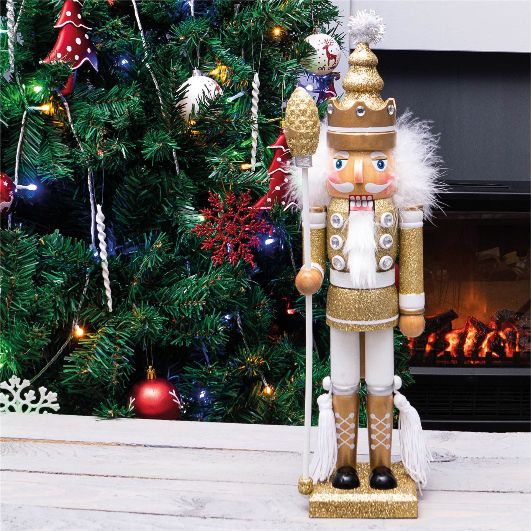 40cm Traditional Christmas Nutcracker Wooden Soldier Decoration Gold and White