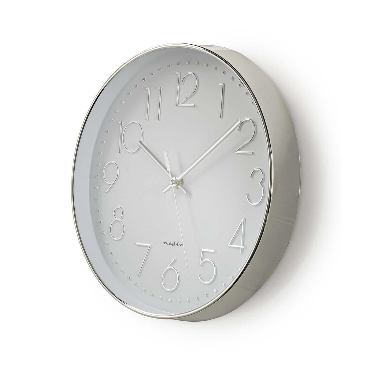 Nedis 30cm Wall Clock with Easy Read Numbers, Silent Movement, Battery Powered - Silver / White