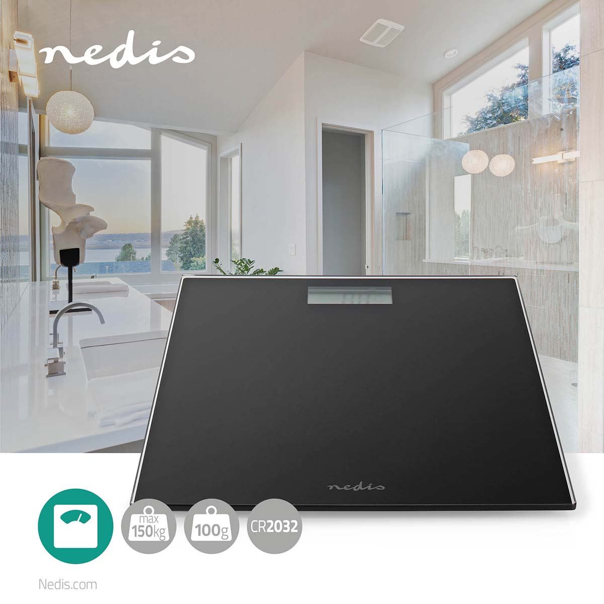 Nedis Personal Digital Weighing Scales, Tempered Glass | Max Weight 150 kg | Black