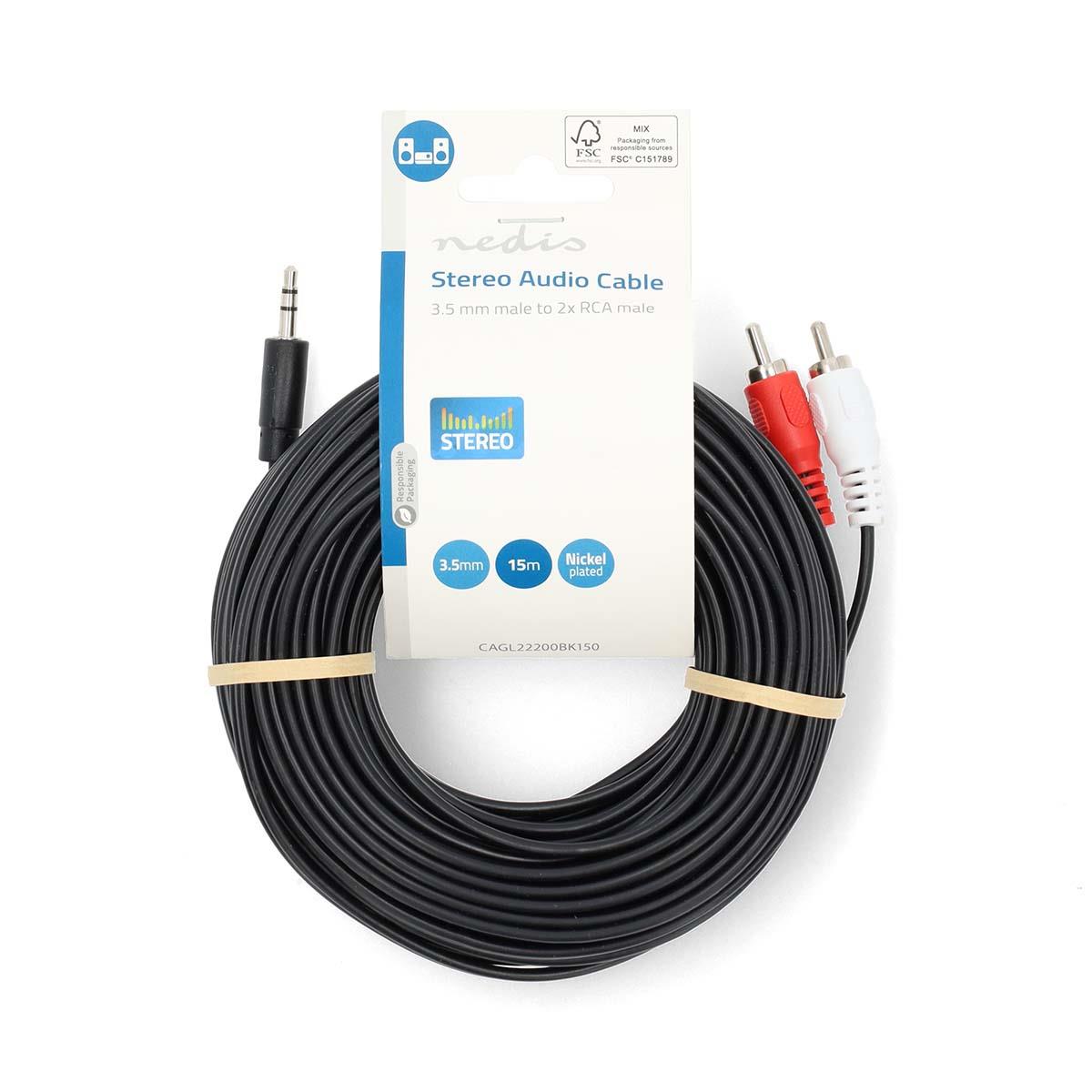 Nedis Stereo Audio Cable | 3.5 mm Male | 2x RCA Male | Nickel Plated | 15.0 m | Round | Black | Label