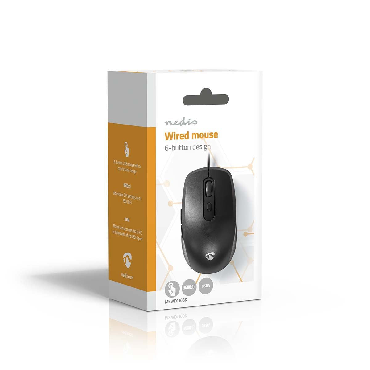 Nedis Mouse | Wired | 1200 / 1800 / 2400 / 3600 dpi | Adjustable DPI | Number of buttons: 6 | Right-Handed