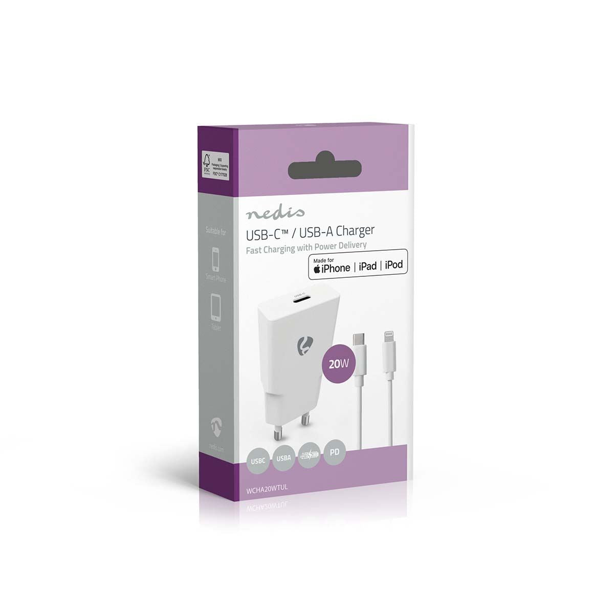 Nedis EU Euro Travel Wall Charger | 20 W | GaN | PD3.0 | Quick charge feature | 1.67 / 2.22 / 3.0 A | Number of outputs: 1 | USB-C™ | Lightning 8-Pin (Loose) Cable | 1.00 m | Automatic Voltage Selection | White