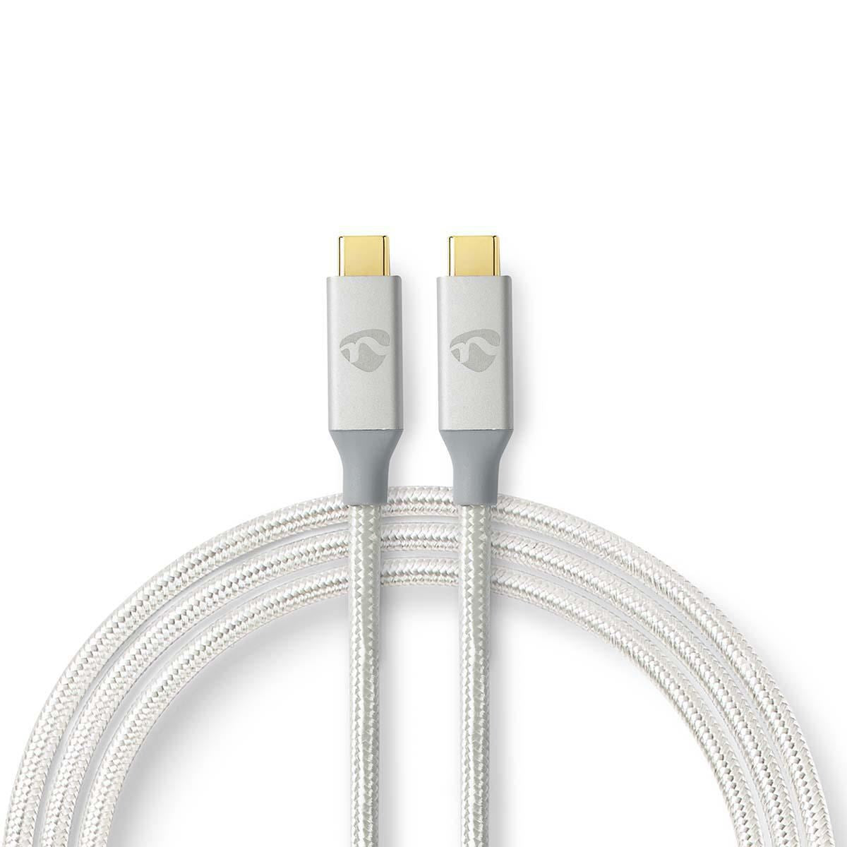 Nedis USB Cable | USB 3.2 Gen 2x2 | USB-C™ Male | USB-C™ Male | 100 W | 4K@60Hz | 20 Gbps | Gold Plated | 1.00 m | Round | Braided / Nylon | Silver | Cover Window Box