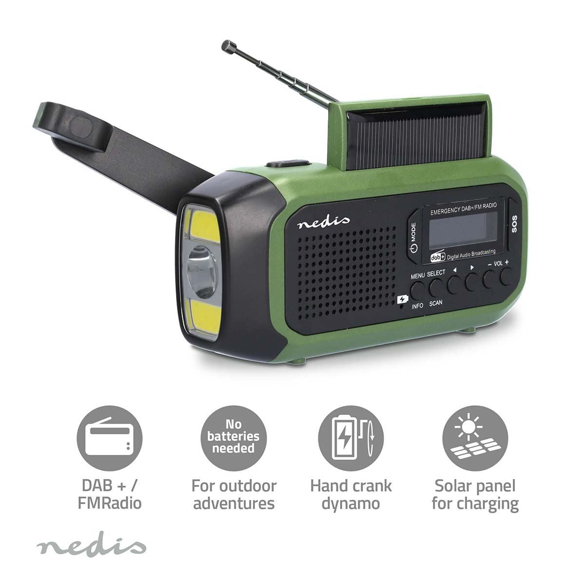 Nedis Portable Emergency DAB+/FM Wind Up Radio with Solar Panel & Hand Crank, with 2500mAh Rechargeable USB Power Bank, LED Torch & SOS Alarm, for Camping, Hiking & Outdoor