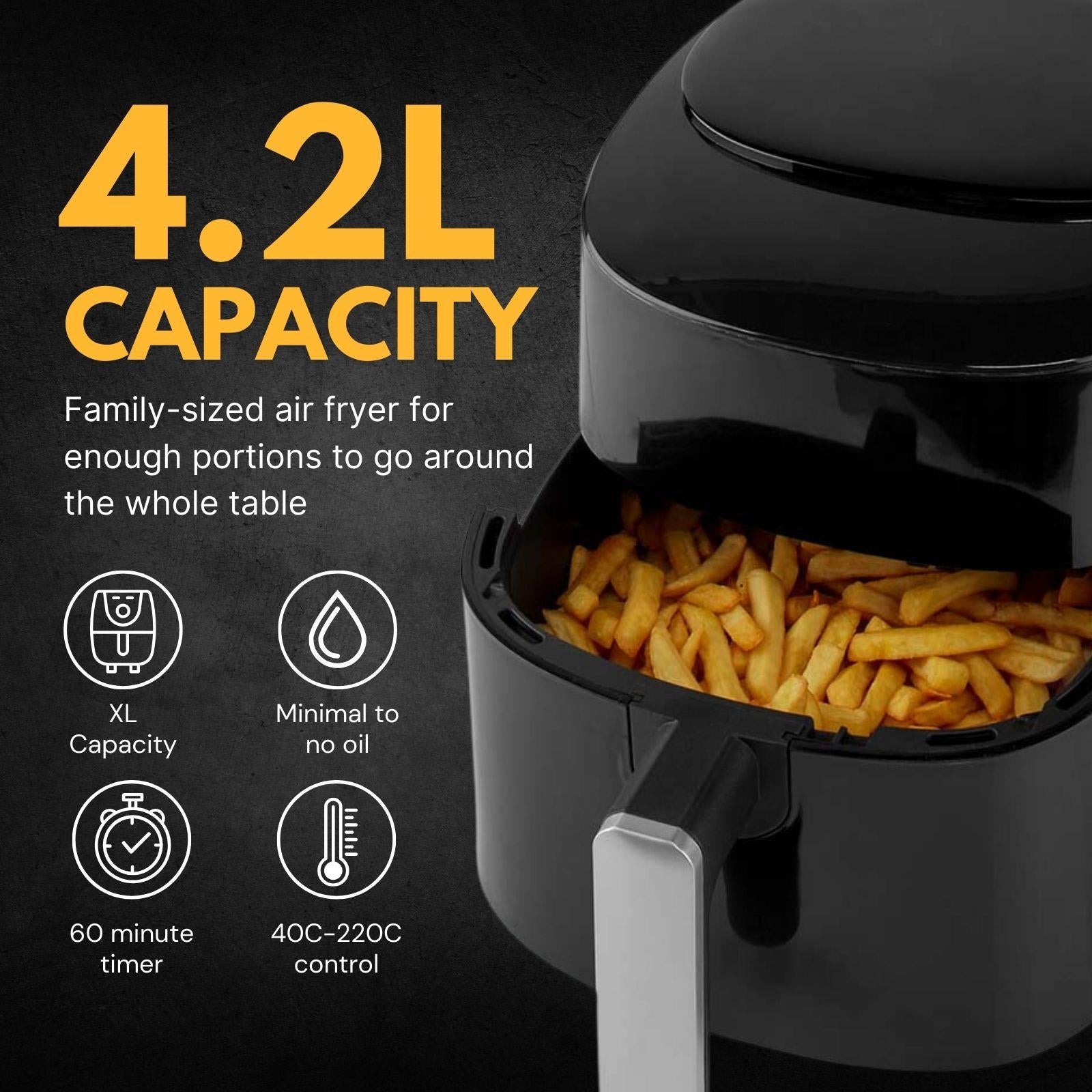 Nedis 4.2L Hot Air Fryer XXL for Healthy Low Fat Cooking, with Adjustable Temperature, Digital Display Control, 8 Presets and 240 Minute Timer, 1300W - Black