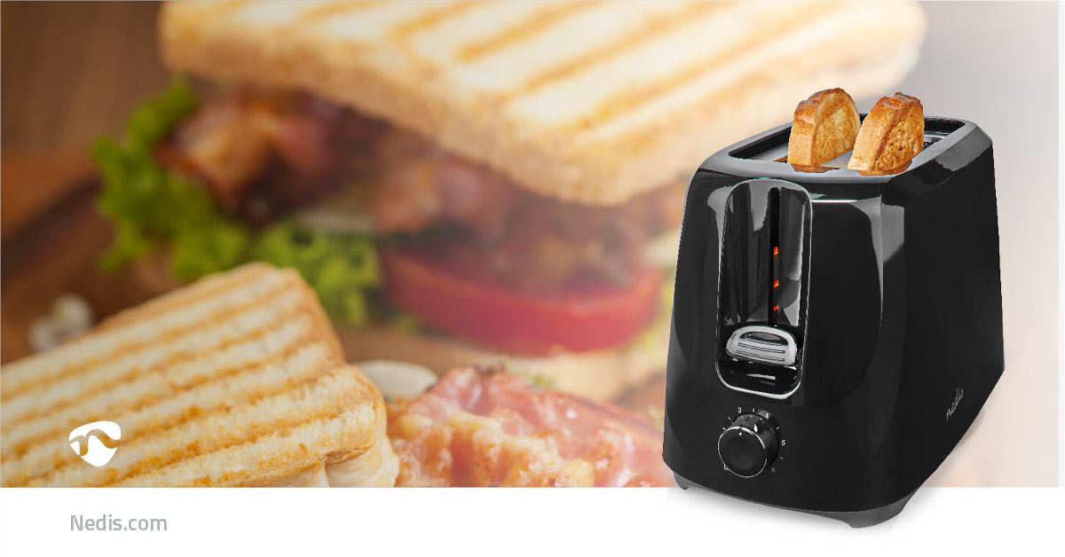 Nedis 2 Slice Bread Toaster 6 Browning Levels 600W Wide Slots Led Indicator