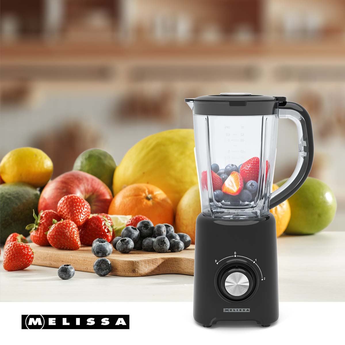 MELISSA Table Top Blender, 800W, with 1.5L Plastic Jug, 2 Speed Settings and Pulse Function, Ideal for Fruit Juice, Vegetables, Soup, Smoothies, Protein Shakes and more - Black