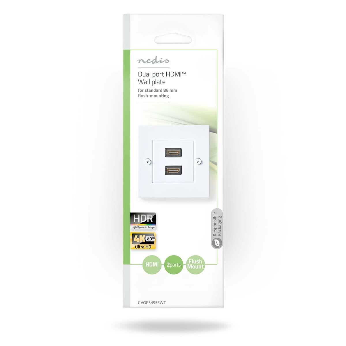 Nedis HDMI™ Wall Box | 2x HDMI™ Female | 4K@60Hz | HDMI™ Output | Black | 18 Gbps | Gold Plated | Envelope