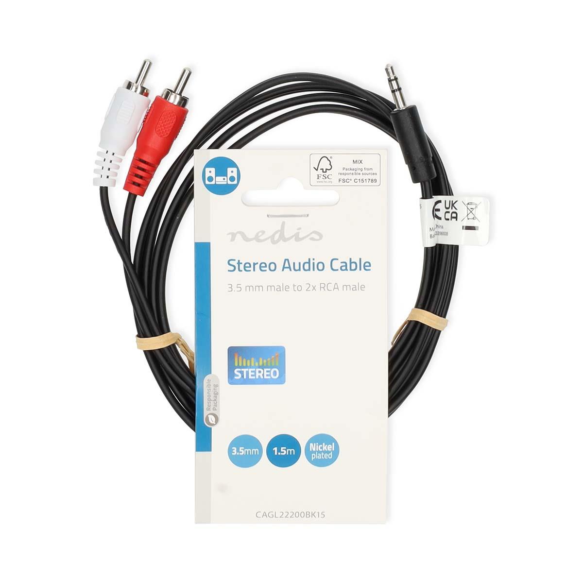 Nedis Stereo Audio Cable | 3.5 mm Male | 2x RCA Male | Nickel Plated | 1.50 m | Round | Black | Label