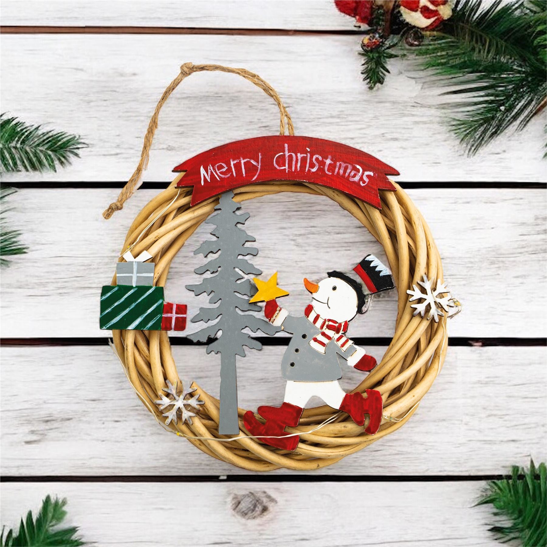 Festive Wicker Christmas Wreath with Snowman Design and LED String Light Battery Powered
