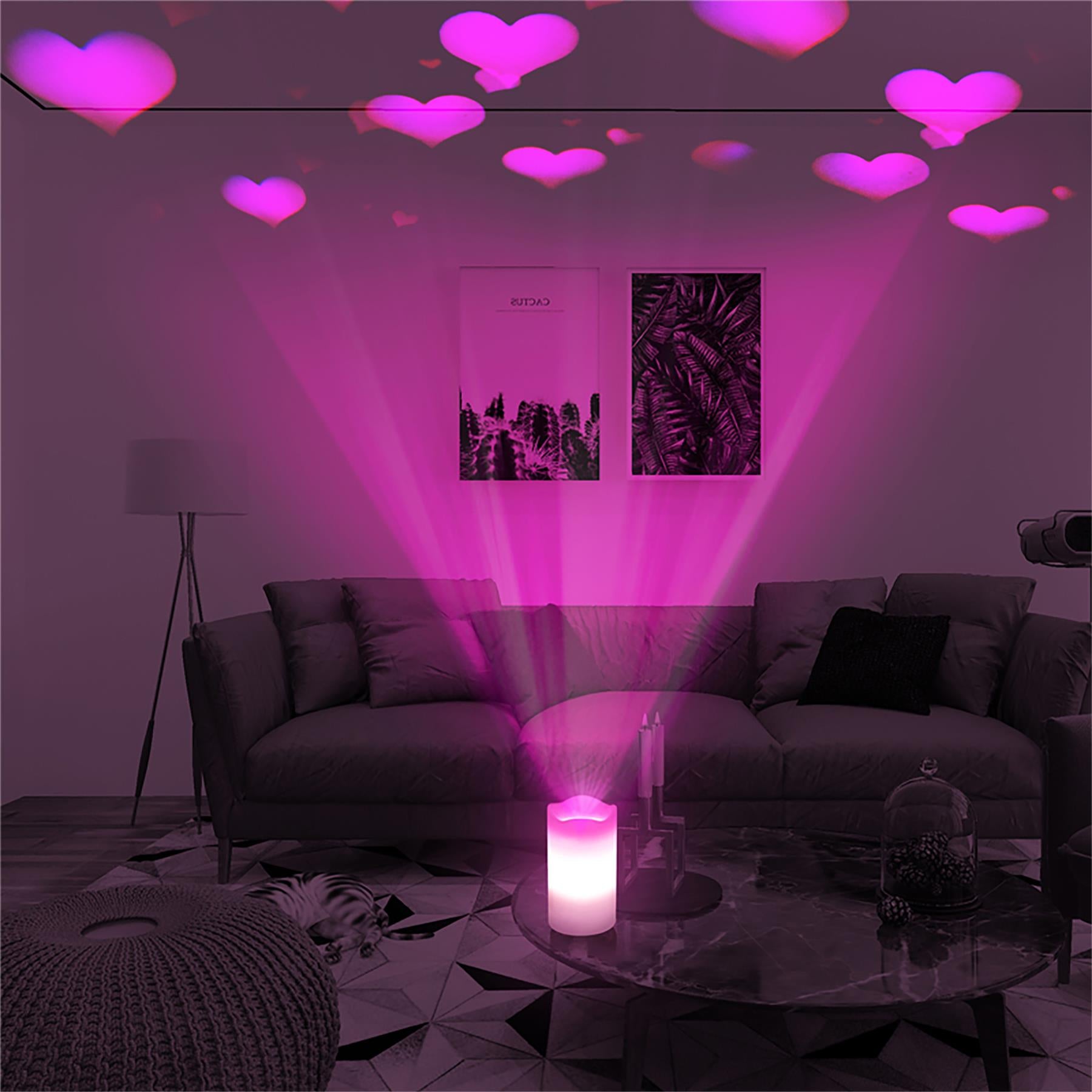LED Artificial Flameless Candle with Pink Heart Projector Light, Dimmable Brightness and Timer