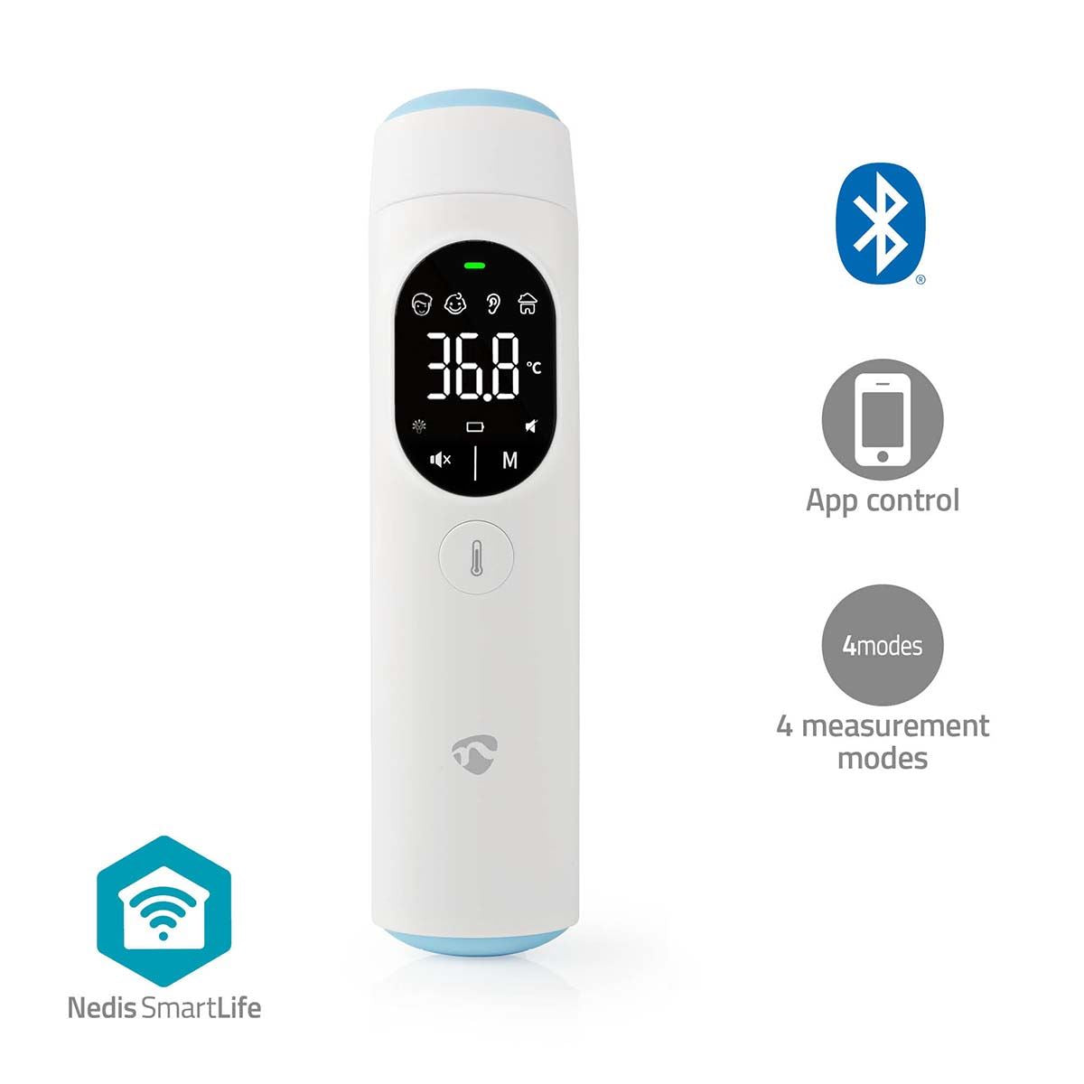 Nedis SmartLife Infrared No-Touch Thermometer for Adults, Kids & Babies, Smart App, LED | Ear / Forehead | White