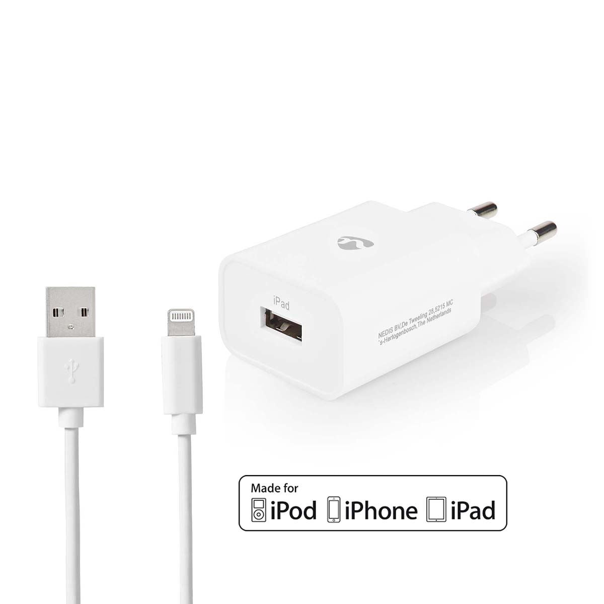 Nedis EU Euro Travel Wall Charger | 12 W | Quick charge feature | 1x 2.4 A | Number of outputs: 1 | USB-A | Lightning 8-Pin (Loose) Cable | 1.00 m | Single Voltage Output | White