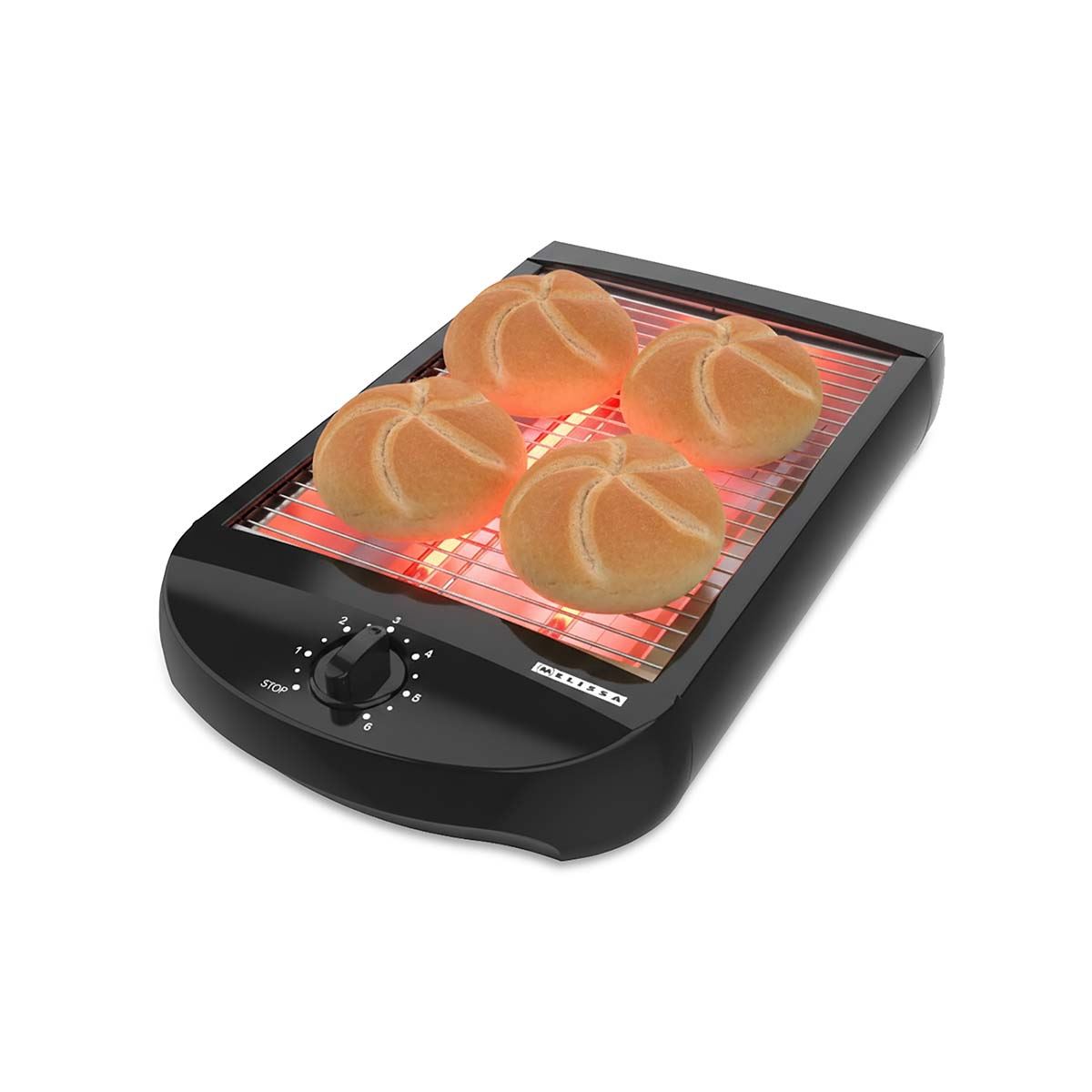 MELISSA Flat Toaster all types of Bread / Baked Goods, 600W, Timer with 6 Toast Levels, Buzzer and Crumb Tray - Black