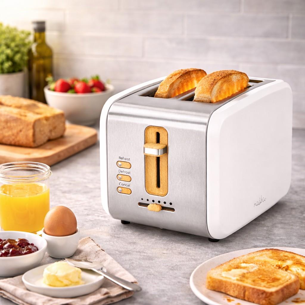 Nedis Soft Touch Toaster, 2 Slice, 6 Browning Levels, Defrost Cancel Reheat Functions, Cool Touch, White