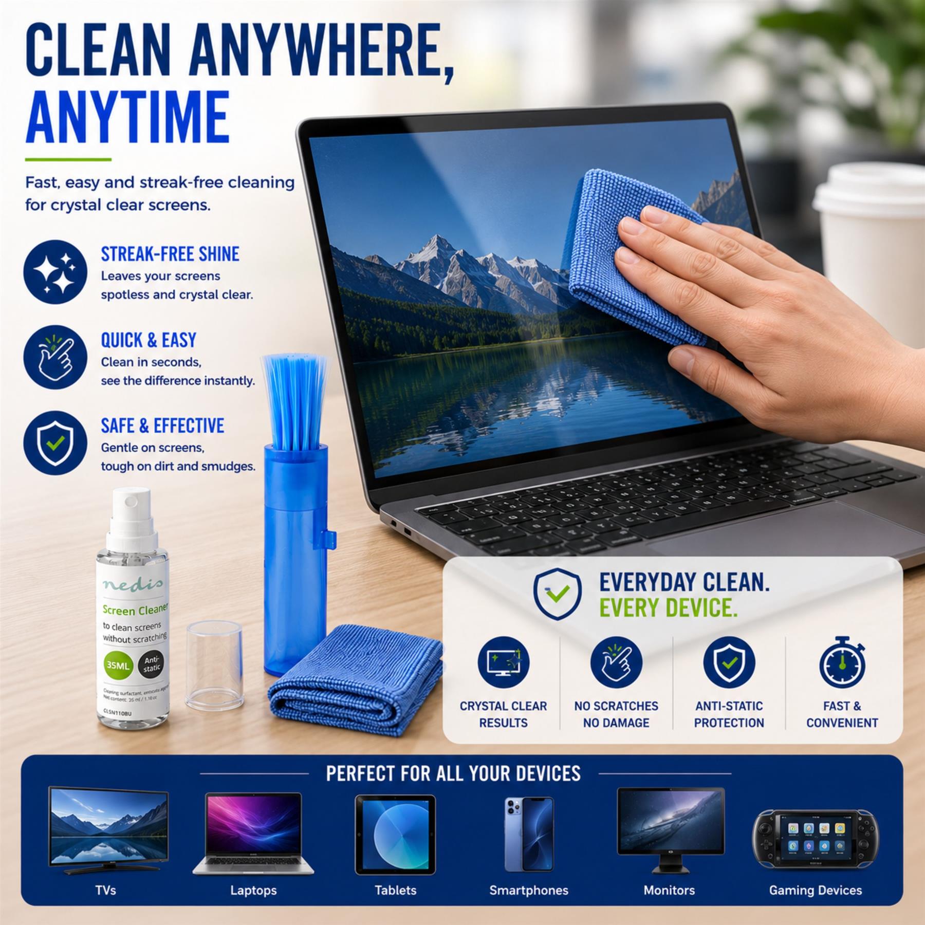 Nedis Screen Cleaner Kit for TV, PC, Smartphone & Tablet - 35ml Spray, Brush & Pearl Cloth