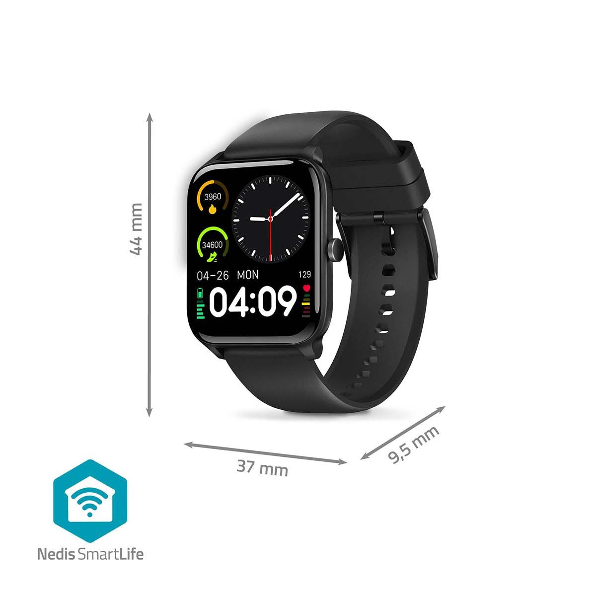 Nedis SmartLife SmartWatch, LCD Screen, Waterproof IP68, Up to 10 Days of Battery Life, Android and iOS Black, Black/White,