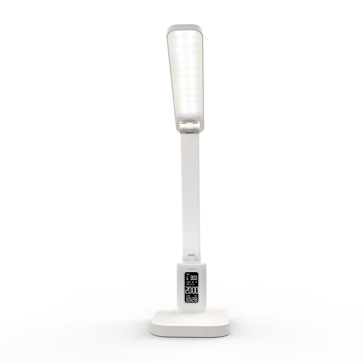 Nedis Rechargeable LED Desk Lamp with Clock - Touch Dimmable, 3 Light Modes, Alarm, Calendar, Temperature Display, Foldable Design