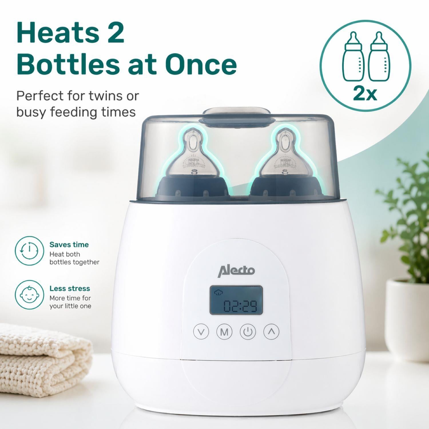 Alecto 2 Bottle Warmer, Baby Double Bottle Sterilizer with Digital Display and Temperature Control in Minutes, Portable Mam Bottle Warmer for Breastmilk, Food, Formula for Travel and Home Use