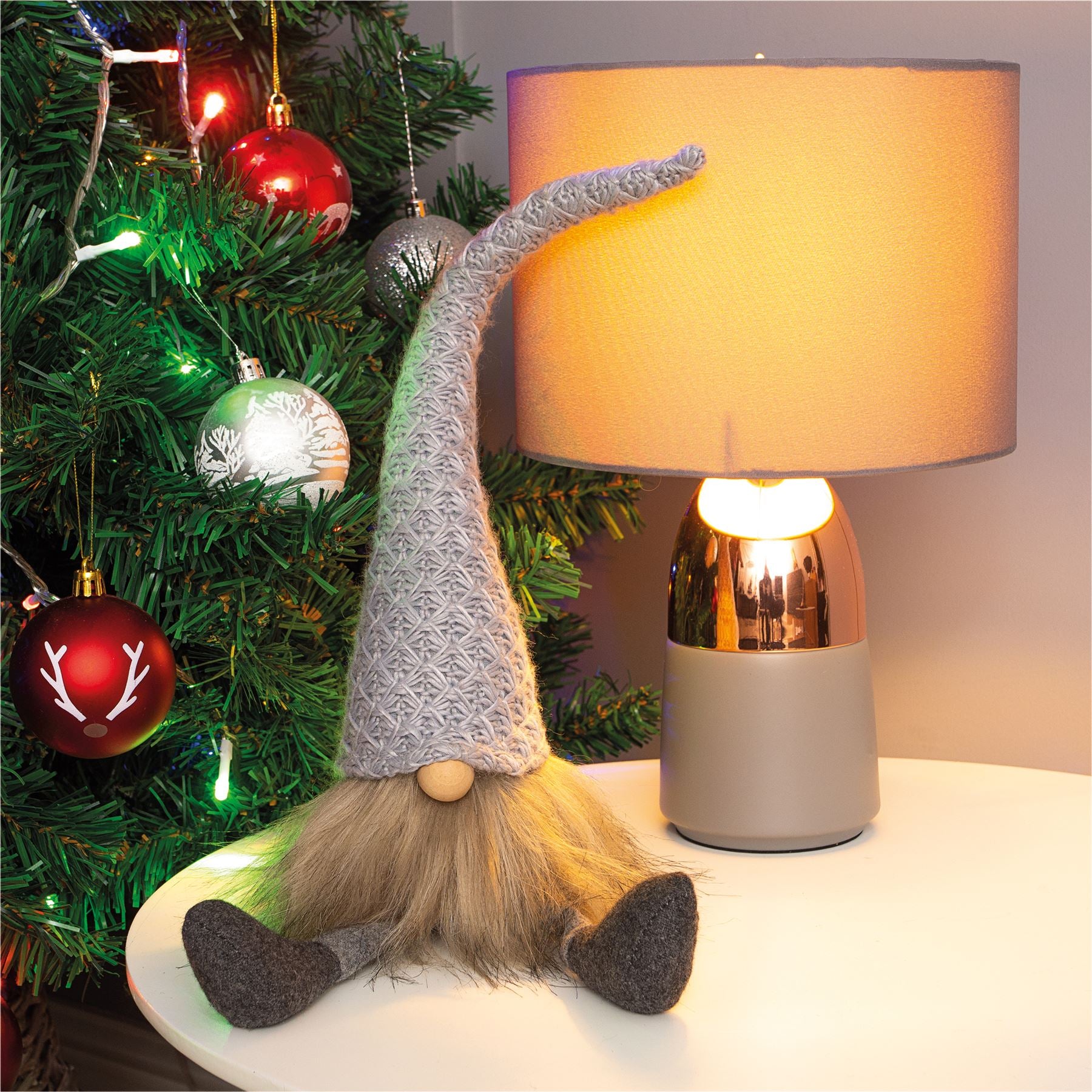 Knitted "Erik" Christmas Sitting Gonk Decoration Nordic Gnome Elf Festive Ornament with Wooden Nose - Grey