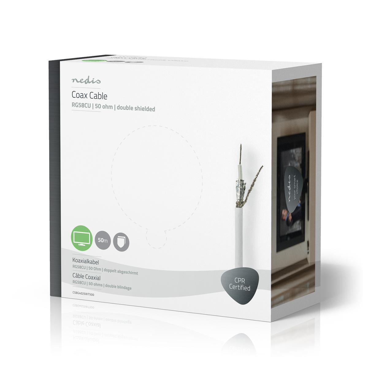 Nedis Coax Cable On Reel | RG58C/U | 50 Ohm | Double Shielded | ECA | 50.0 m | Coax | PVC | White | Gift Box