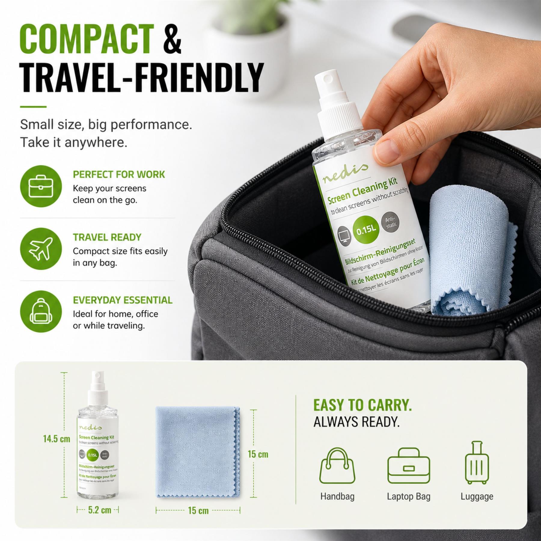 Nedis Screen Cleaner Kit, Anti-Static and Alcohol-Free Cleaning Spray and Microfibre Cloth - 150ml Spray