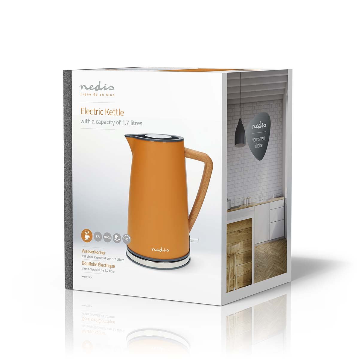 Nedis 1.7L Soft Touch Jug Kettle with Wood Effect Handle, Overheat Protection, Removeable Filter, 2.2KW - Orange