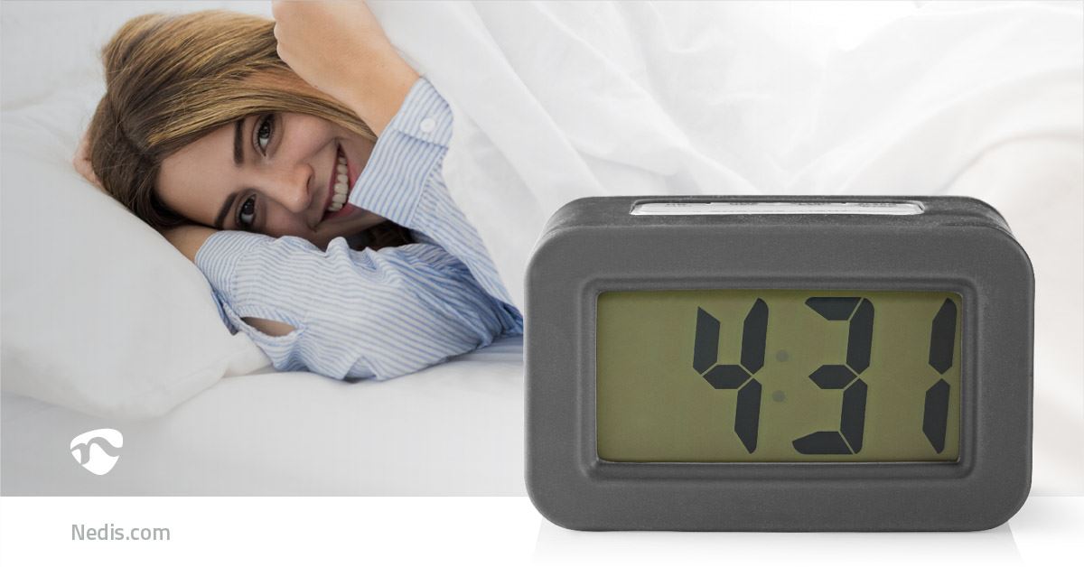 Nedis Digital Desk Alarm Clock - LCD Display with Backlight, Battery Operated, Compact Quartz Alarm Clock, Grey/White