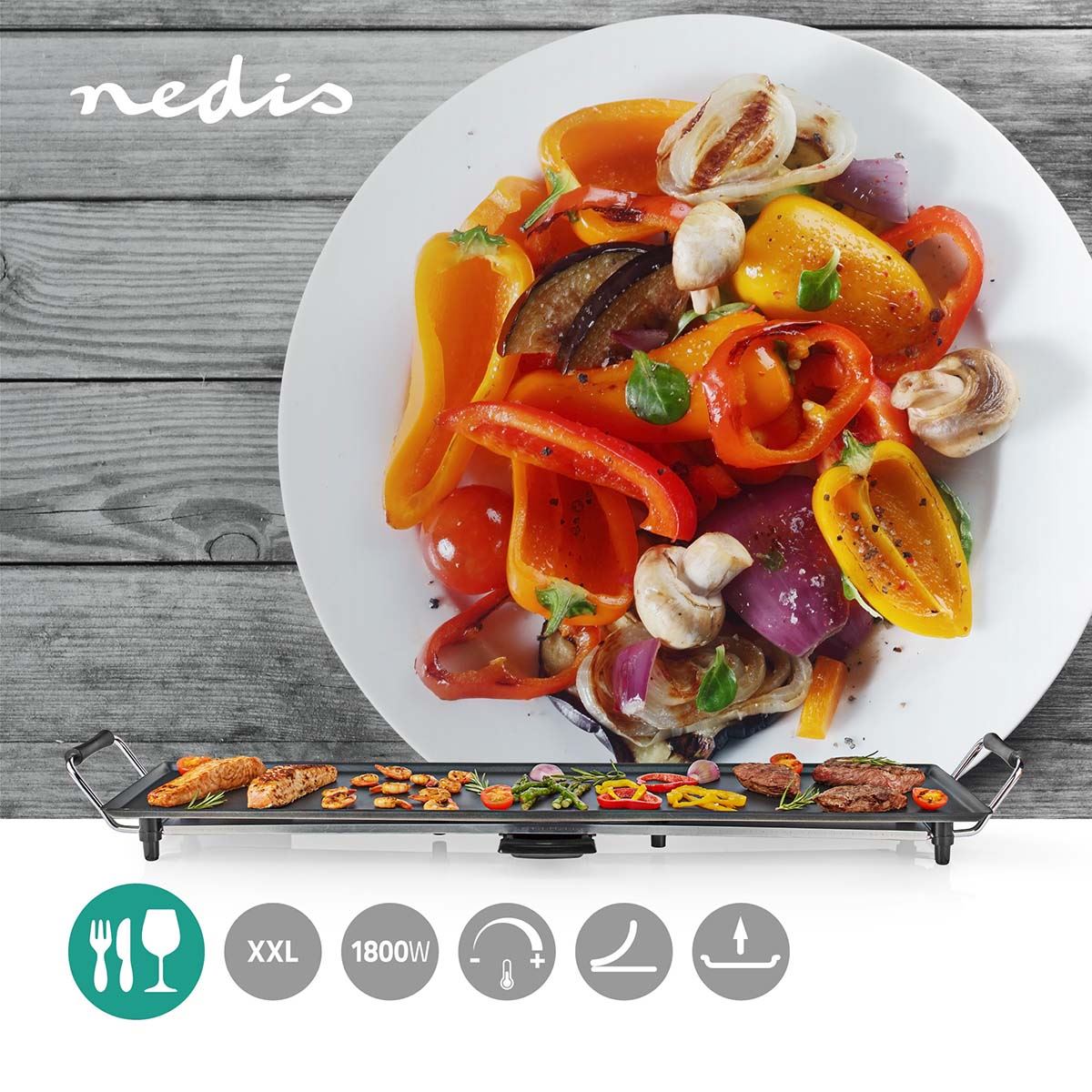 Nedis Electric Non Stick Teppanyaki Table Top Grill Griddle Plate BBQ with Drip Tray - 90cm x 23cm