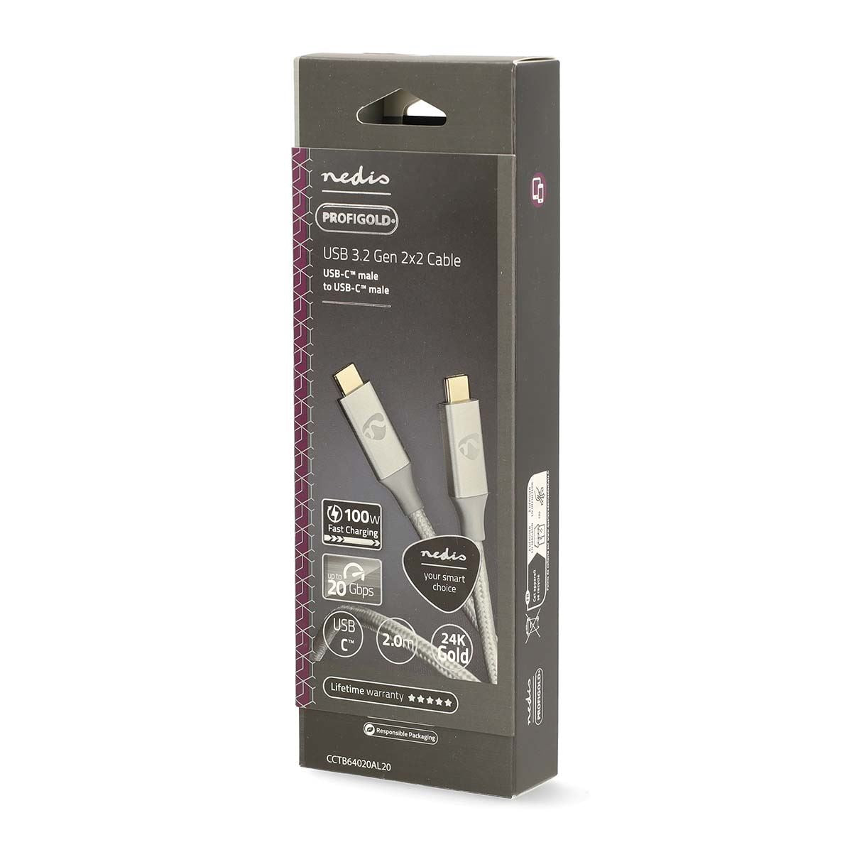 Nedis USB Cable | USB 3.2 Gen 2x2 | USB-C™ Male | USB-C™ Male | 100 W | 4K@60Hz | 20 Gbps | Gold Plated | 2.00 m | Round | Braided / Nylon | Silver | Cover Window Box